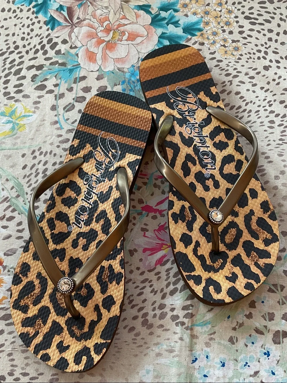 Brighton Leopard-Print Flip Flops with Bronze Straps